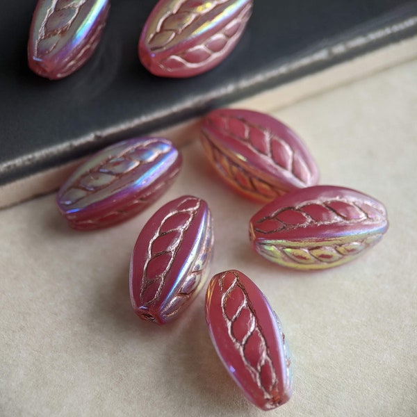 10pcs: Rosy Pink AB 15x9mm Rope Oval, Twisted Oval, Pressed Czech Glass Beads, Translucent Pink Opal, CG-SH-RPO15x9-4