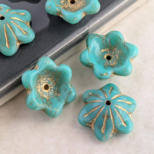 6pcs: Opaque Turquoise with Gold Wash 14x6mm Wide Bellflower, Czech Glass Flower Beads, CG-FL-WB14x6-63