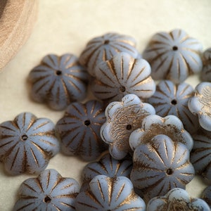 10pcs: Dusty Blue 14x4mm Flat Flower with 7 Petals, Pressed Czech Glass Flower Beads, Wide Flat Bellflower, CG-FL-SPF14x4-1