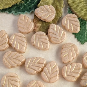 20pcs: Oatmeal Alabaster with Gold Wash 10x8mm Mint Leaf, Czech Glass Beads, CG-LF-MI10x8-9