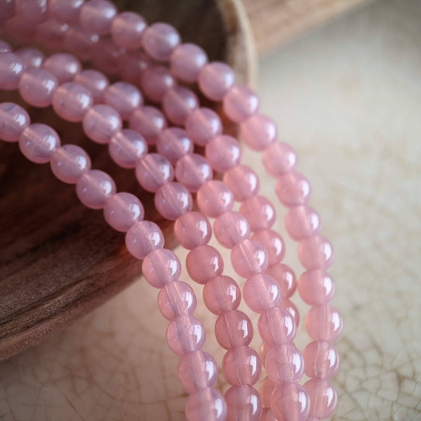 Approx 50pcs: Ballerina Pink Opal 4mm Round Druk, Pressed Czech Glass Beads, Translucent Pink, CG-P-R4-17