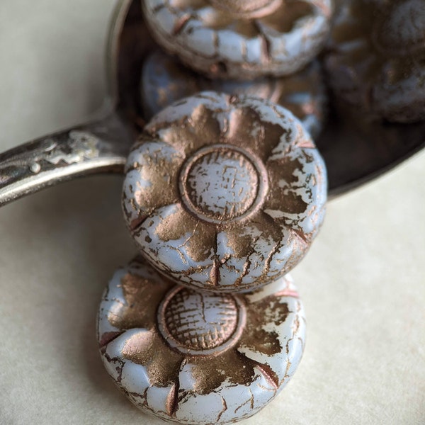 2pcs: Grey and Bronze 22mm Solar Corona Coin Flower, Pressed Czech Glass Flower Beads, CG-FL-SCC22-2