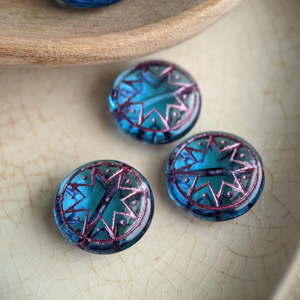 6pcs: Capri Blue with Pink Wash 13mm Star of Ishtar Coin, Pressed Czech Glass Beads, Transparent Aqua Blue, CG-CO-SI13-2