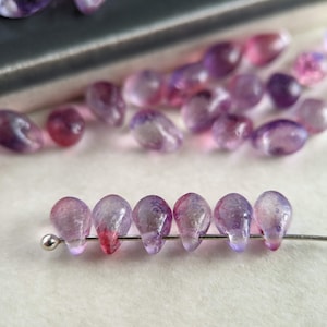 50pcs: Mixed Berry 6x4mm Top-Drilled Teardrop, Small Etched Czech Glass Drop Beads in Pink Purple Blue Swirl, CG-P-TR6x4-14