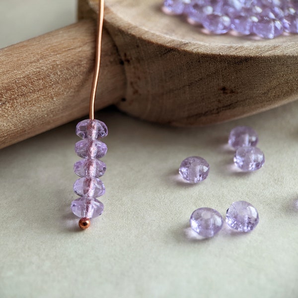 50pcs: Transparent Lavender 4x2mm Firepolished Rondelle, Faceted Donut, Czech Glass Beads, Light Purple, CG-FP-DO4x2-8