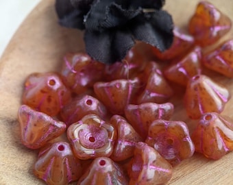20pcs: Caramel Picasso with Pink Wash 8x6mm Bell Flower, Czech Glass Beads, CG-FL-BF8x6-17