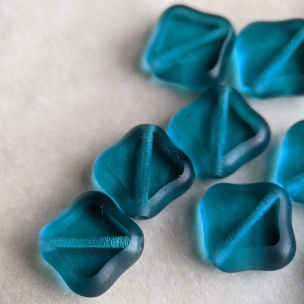 10pcs: Dark Blue Teal 12mm Pinched Diamond, Table Cut Czech Glass Beads, Flat Squares, Matte Transparent Blue, CG-TC-PD12-1