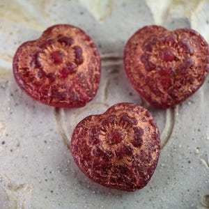 4pcs: Ruby Red with Copper 17mm Heart with Rose, Etched Czech Glass Beads, CG-H-RS17-6