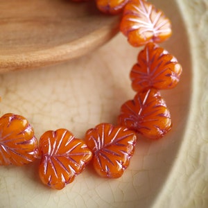 10pcs: Tangerine Opal with Pink Highlights 13x11mm Maple Leaf, Pressed Czech Glass Leaf Beads, Orange and Pink, CG-LF-MP13x11-5