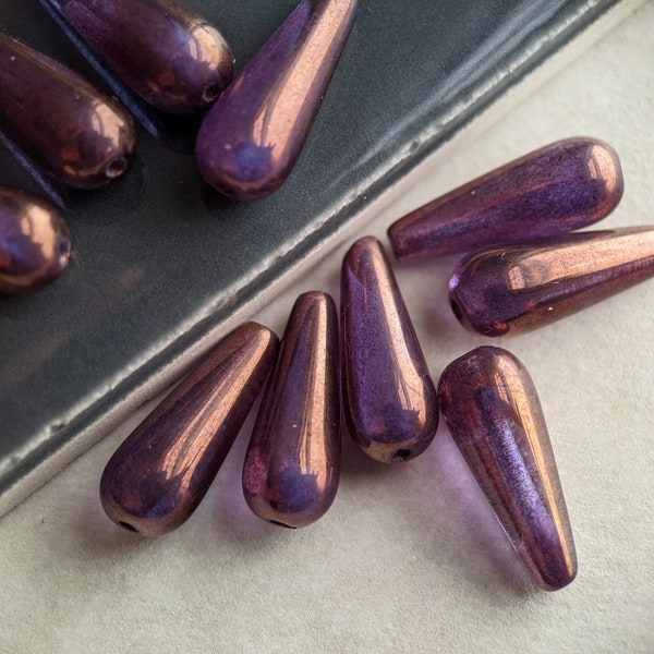 10pcs: Lumi Purple 15x6mm Smooth Teardrop, Vertically Drilled, Pressed Czech Glass Beads, Long Narrow Drop, CG-P-TD15x6-1