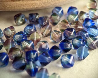 40pcs: Sapphire Amethyst Swirl 6mm Octahedron, Square Bicone, Pressed Czech Glass Beads, Transparent Dark Blue and Purple, CG-P-OH6-1
