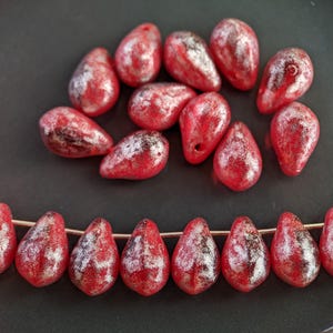 30pcs: Silver-Dusted Red 9x6mm Top-Drilled Teardrop, Czech Glass Drop Beads, CG-P-TR9x6-20
