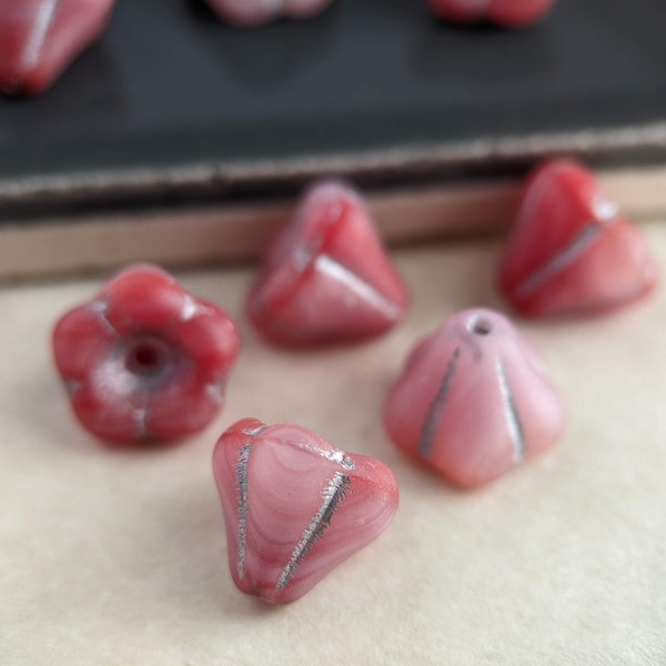 10pcs: Silvered Strawberry 10x8mm Bell Flower, Pressed Czech Flower Glass Beads, Red and Pink Swirl with Silver Wash, CG-FL-BF10x8-1