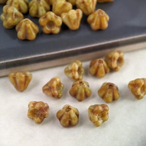 30pcs: Browned Avocado 6x4mm Baby Bell Flower, Czech Glass Beads in Light Green Picasso, CG-FL-BF6x4-16