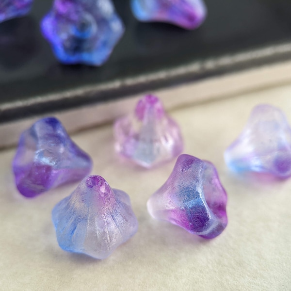 10pcs: Etched Sapphire Violet 10x9mm Lined Bell Flower, Pressed Czech Glass Flower Beads, Translucent Blue and Purple, CG-FL-LBF10x9-1