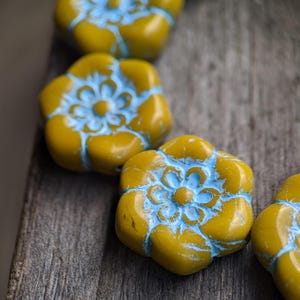 2pcs: Mustard Yellow with Blue Wash 20mm Hex Flower, Czech Glass Focal Beads, CG-FL-HX20-9