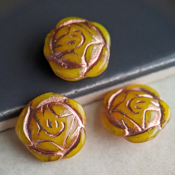 4pcs: Limoncello with Copper Wash 16mm Hedge Rose, Pressed Czech Glass Flower Beads, Translucent Yellow, CG-FL-HR16-2