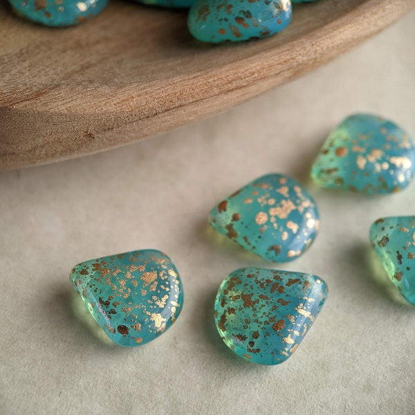 10pcs: Gold-Dappled Aqua 12x11mm Briolette, Top Drilled Drop, Pressed Czech Glass Beads, Blue Green Opal with Gold Flecks, CG-P-BR12x11-1