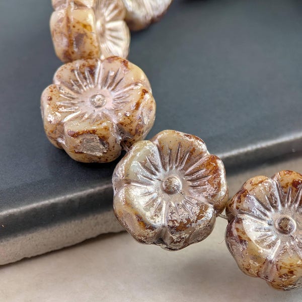 6+pcs: Cream Picasso with Silvery-Beige Wash 12mm Hawaii Flower, Czech Glass Beads, CG-FL-HF12-11