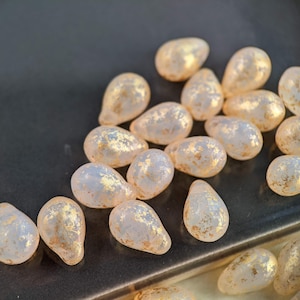 30pcs: Golden Glow 9x6mm Top-Drilled Teardrop, Czech Glass Beads in Gold-Dusted White Opal, CG-P-TR9x6-16