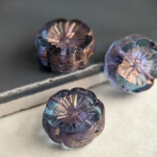 4pcs: Blue with Purple Wash 15mm Table Cut Hawaii Flower, Hibiscus Flower, Czech Glass Beads, Bronzed Clear Blue, CG-FL-HFTC15-1