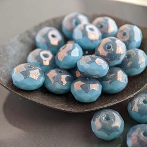 10pcs: Bronzed Azure 9x6mm Firepolished Rondelle, Faceted Czech Glass Beads in Blue Silk, CG-FP-DO9x6-12