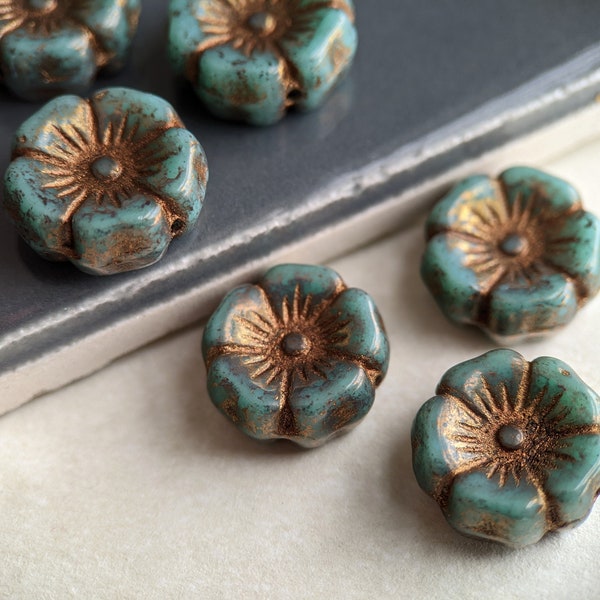 6pcs: Victorian Green with Bronze Wash 12mm Hawaii Flower, Hibiscus Flower, Pressed Czech Glass Flower Beads, Dark Teal, CG-FL-HF12-3