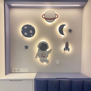 Nursery Night Lights, Space Wall Lamps, Set of 5 Nursery Wall Light, Planets, Space rocket Night Light, Gift for Baby and Children