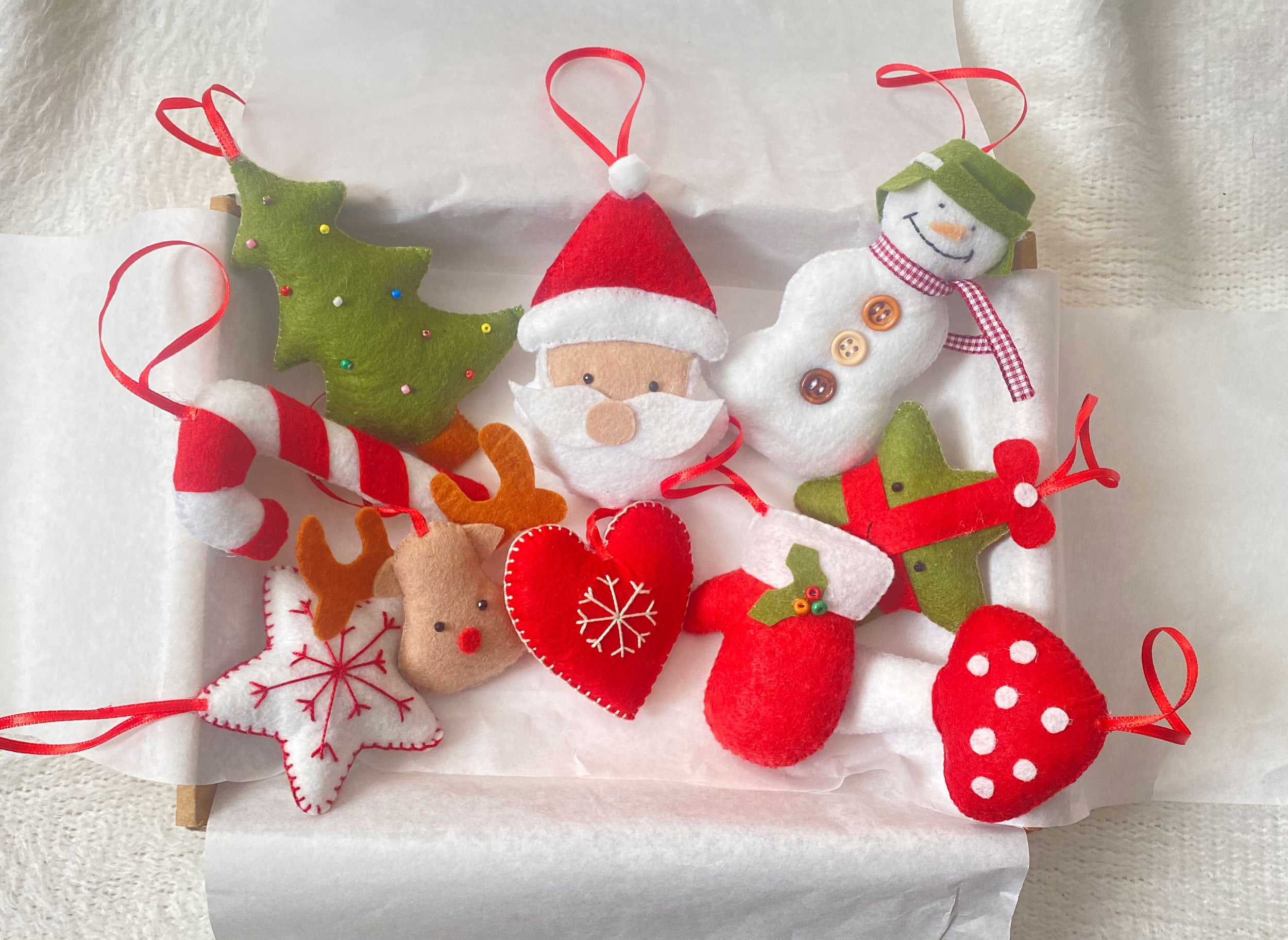 Christmas Ornaments, Set of 10 Christmas Box, Handmade Felt Ornaments