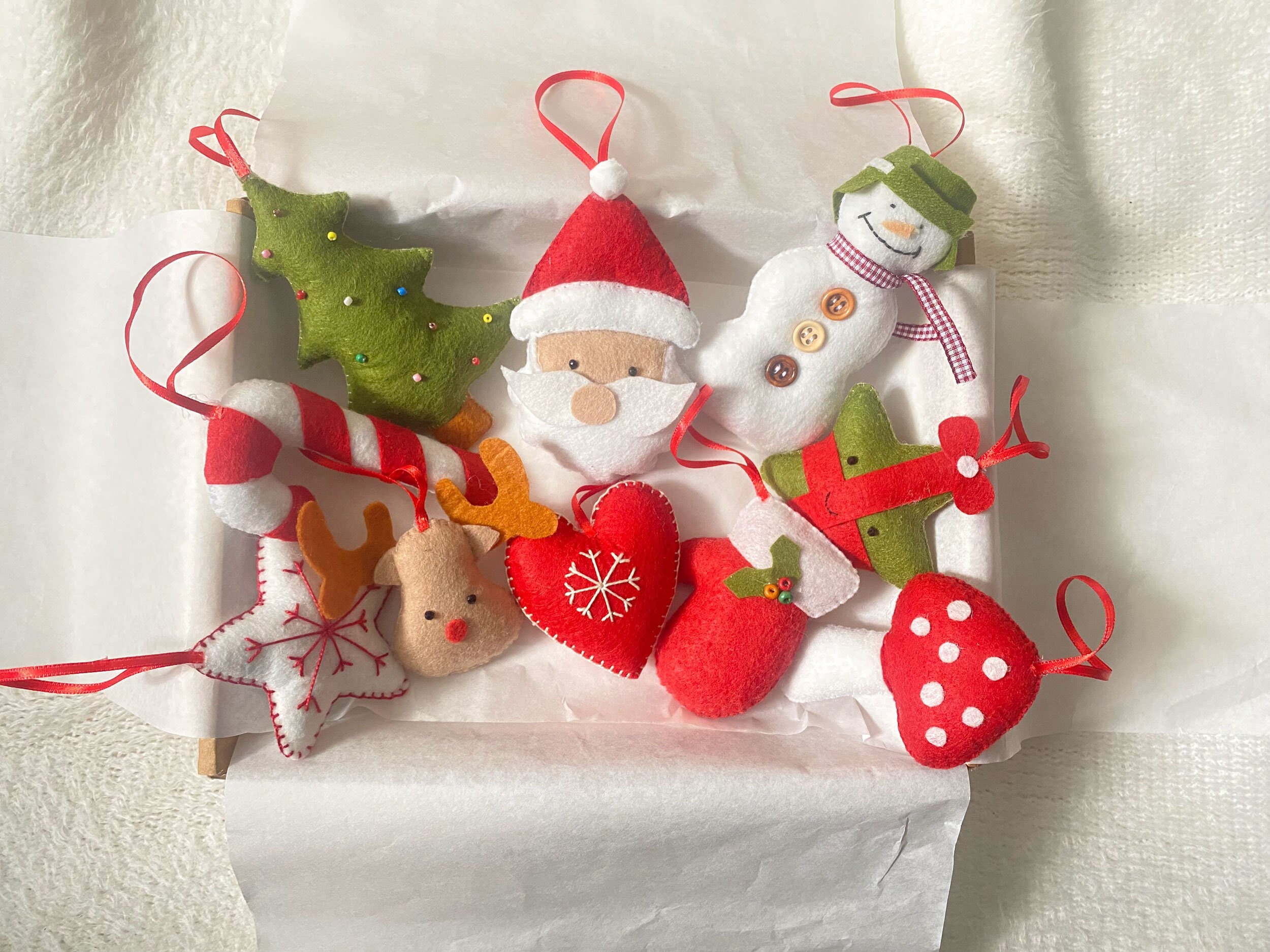 Christmas Ornaments, Set of 10 Christmas Box, Handmade Felt Ornaments