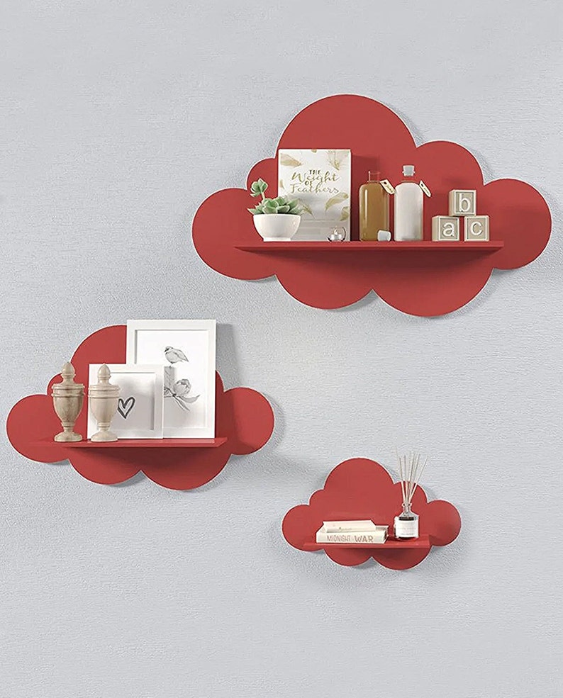 Nursery Cloud Shelves, Cloud Wall Shelves for Kids Room, Decorative Nursery Bookshelf, Cloud Shelf Red