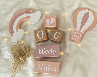 Blocchi di pietre miliari per bambini personalizzati, set di 6 cubi di pietre miliari in legno organico decorativo, regalo per baby shower