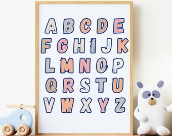 Affiche alphabet pastel, impression ABC pour chambre d'enfant, art mural salle de jeux (téléchargement numérique)