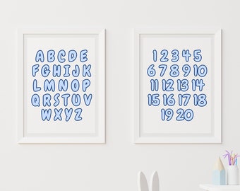 Blue Alphabet Numbers Poster, Nursery Educational Print (Digital Download)