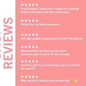 May include: A pink background with white text. The text reads "SHOP REVIEWS" in a large font. Below the text are five customer reviews with five stars each. The reviews are positive and describe the product as high quality, fast shipping, and a great value.