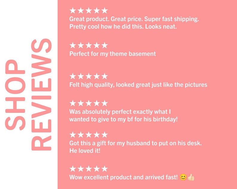 May include: A pink background with white text. The text reads "SHOP REVIEWS" in a large font. Below the text are five customer reviews with five stars each. The reviews are positive and describe the product as high quality, fast shipping, and a great value.