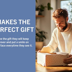 May include: A person opens a white gift box with a patterned design. The text "MAKES THE PERFECT GIFT" is on a blue background. The text below reads "Give the gift they will keep forever and put a smile on their face everytime they see it."