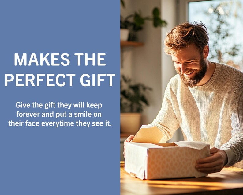 May include: A person opens a white gift box with a patterned design. The text "MAKES THE PERFECT GIFT" is on a blue background. The text below reads "Give the gift they will keep forever and put a smile on their face everytime they see it."