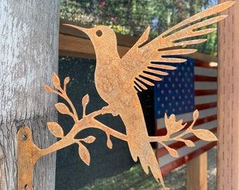Rusty Rustic Metal Hummingbird on a branch / Yard Art / Garden Decor / Metal Birds / Free shipping