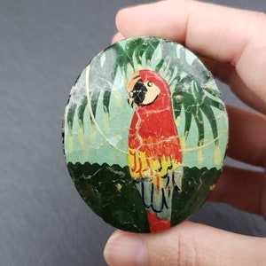 May include: A round, vintage tin with a green, blue, and yellow tropical scene. A red parrot with a black beak and yellow and blue feathers is perched on a branch. The tin has some wear and tear.