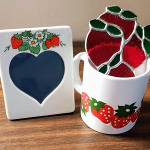 Vintage Strawberry lover gift set bundle coffee mug cup, 70's, 80's heart picture frame, stained glass cluster bunch suncatcher, collector
