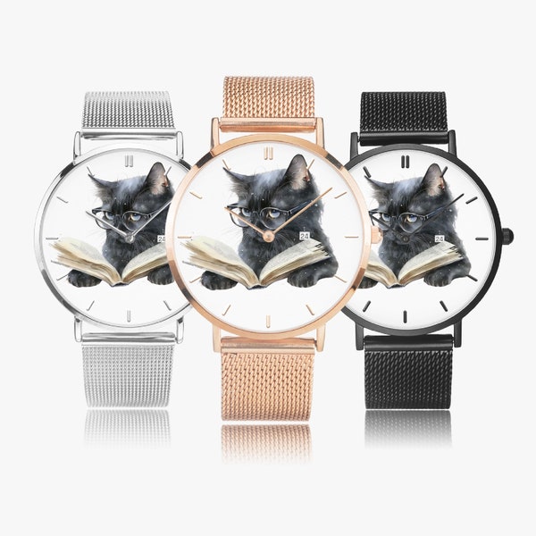 TIC TOC Unisex Horloges Trendy Ultra Dunne Roestvrijstalen Behuizing Waterbestendig Goud Zwart Zilver Retro Groovy Vibes Lerarenboek Black Cat 1