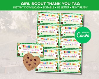 2024 Girl Scout Cookies Thank You Tag, Delivery Note, Fundraiser Event Card, Girl Scout Favor Tags Daisies Brownies Juniors Cookie Thank You