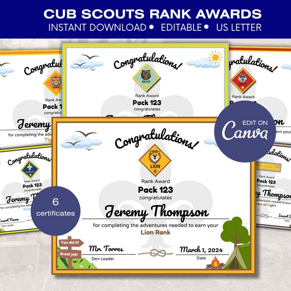 2024 Cub Scouts Rank Awards - DIY Printables, Pack Ceremony, Den Leader Cub Master Awards, Editable Cub Rank Certificate, Boy Scout Award