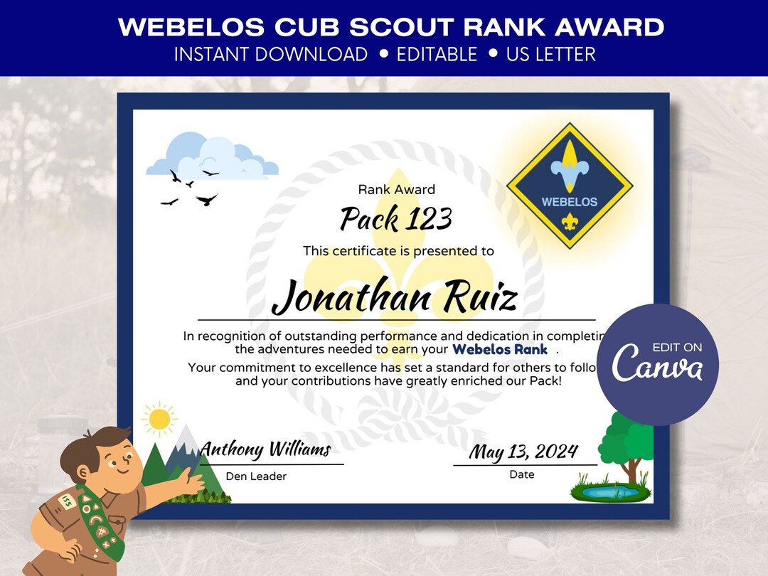 2024 DIY Webelos Cub Scout Rank Certificate Boy Scout Achievement Award ...