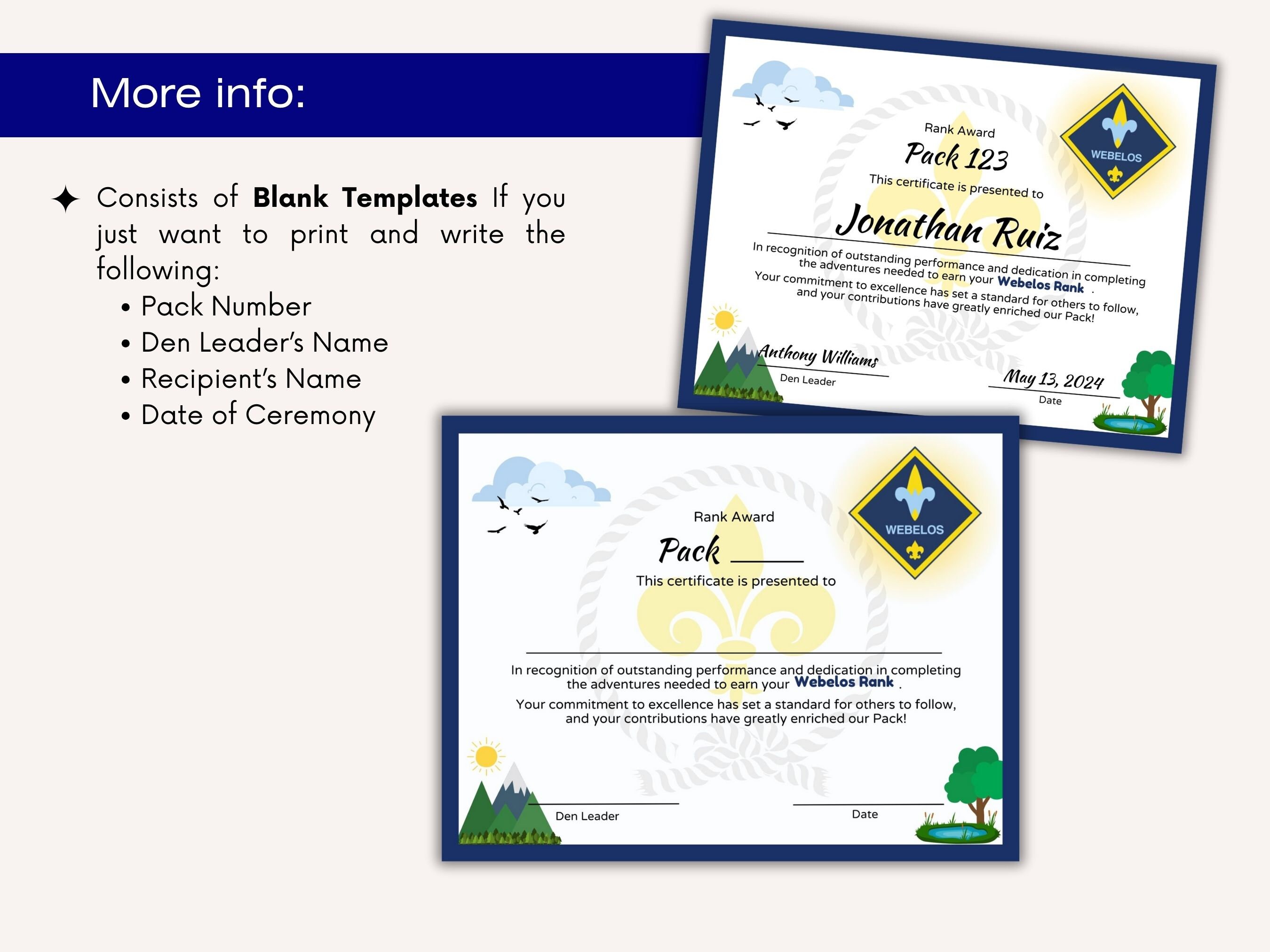 2024 DIY Webelos Cub Scout Rank Certificate Boy Scout Achievement Award ...