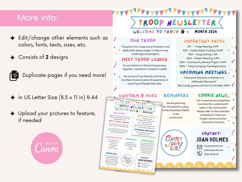 Girl Scout Newsletter, Cub Scout Scout Newsletter, Troop Newsletter, Editable Newsletter Template, Parent Communication Party Theme image 3