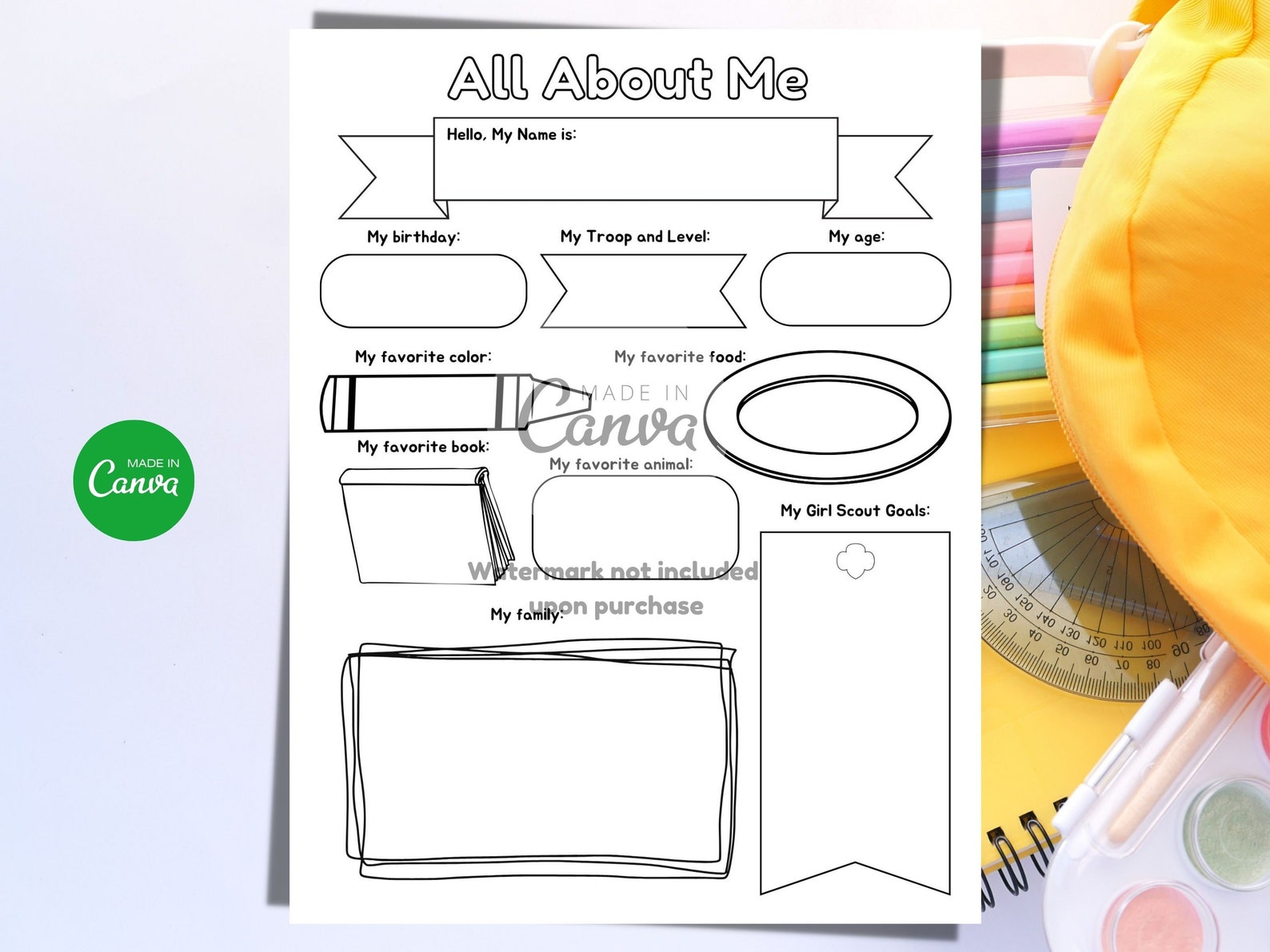 Girl Scouts Info Sheet Template, Girl Scout Printable All About Me Girl ...