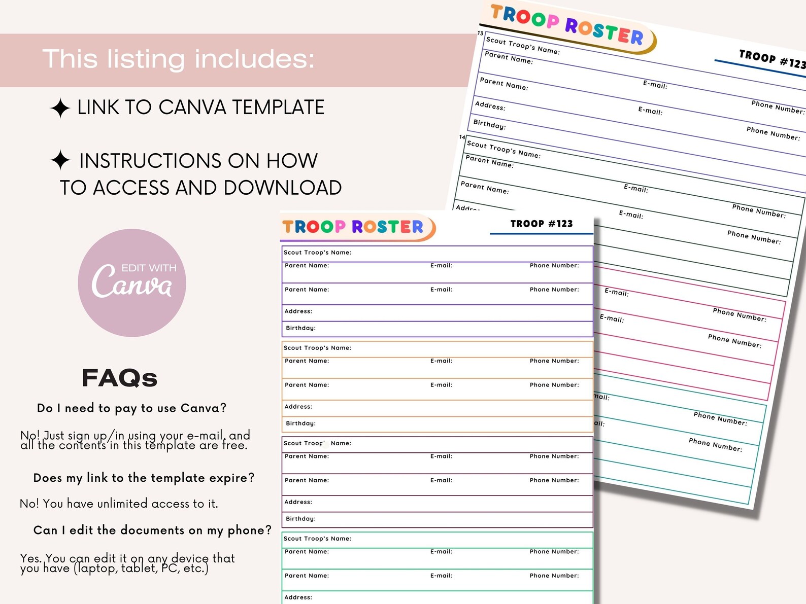 Troop Roster Template, Troop Planner, Troop Meeting Agenda, Troop