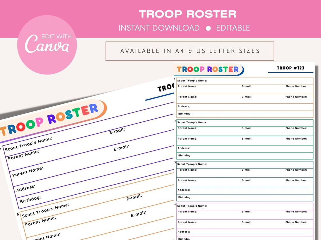 Troop Roster Template, Troop Planner, Troop Meeting Agenda, Troop